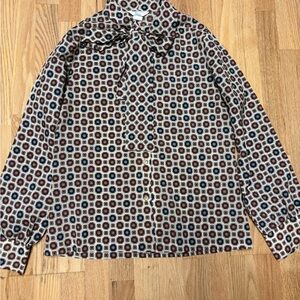 Sears Multicolor Geometric Print Blouse medium 1970s beautiful Vintage Tie Neck